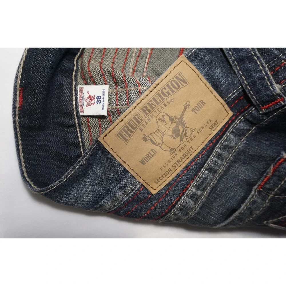 True Religion 38 Straight Leg Distressed Dark Wash Blue Jeans